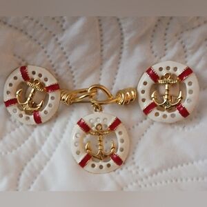 Vtg Nautical Enamel Set Red  White Gold Brooch & Earrings